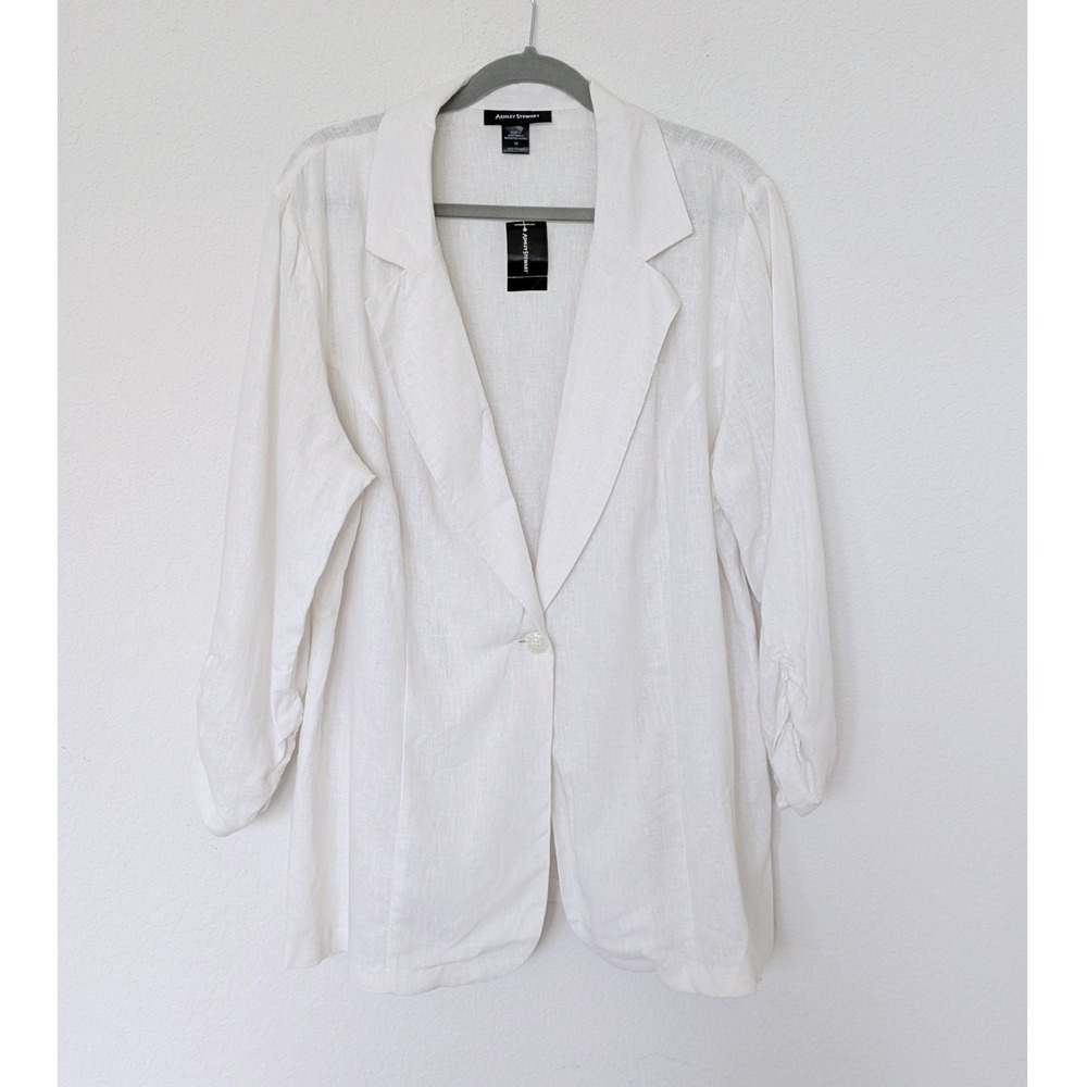 Ashley Stewart Ruched Sleeve Blazer Women 18 White Linen Summer Blazer